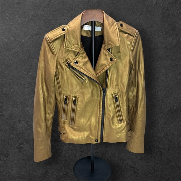 IRO Paris Gold Metallic Leather Moto Jacket Ashville Lambskin Sz 40 Large Rare - Picture 2 of 8